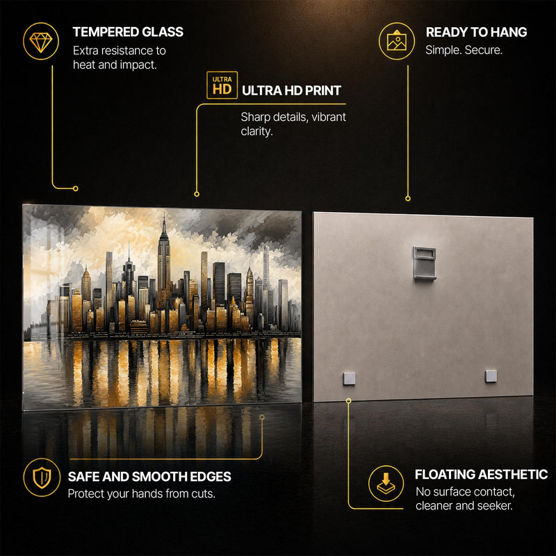 Golden Manhattan Reflections — tempered glass, ultra HD print, ready to hang