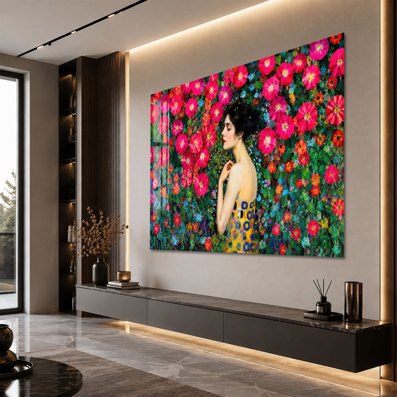Artronauts Glass Print Woman Among Flowers Glass Wall Art