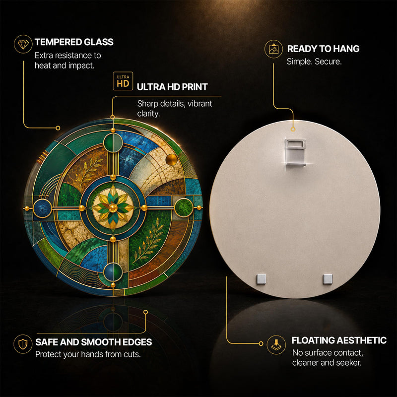 Emerald Celestial Mosaic — tempered glass, ultra HD print, ready to hang