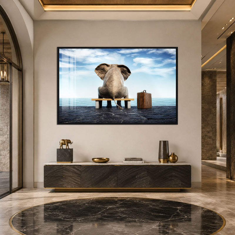 Artronauts Glass Print 18x12 cm | 7.1"x4.7" / Black Elephant Waiting Seaside Glass Wall Art