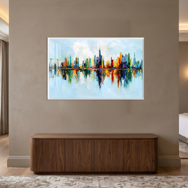 Vibrant Skyline Reflections with white frame