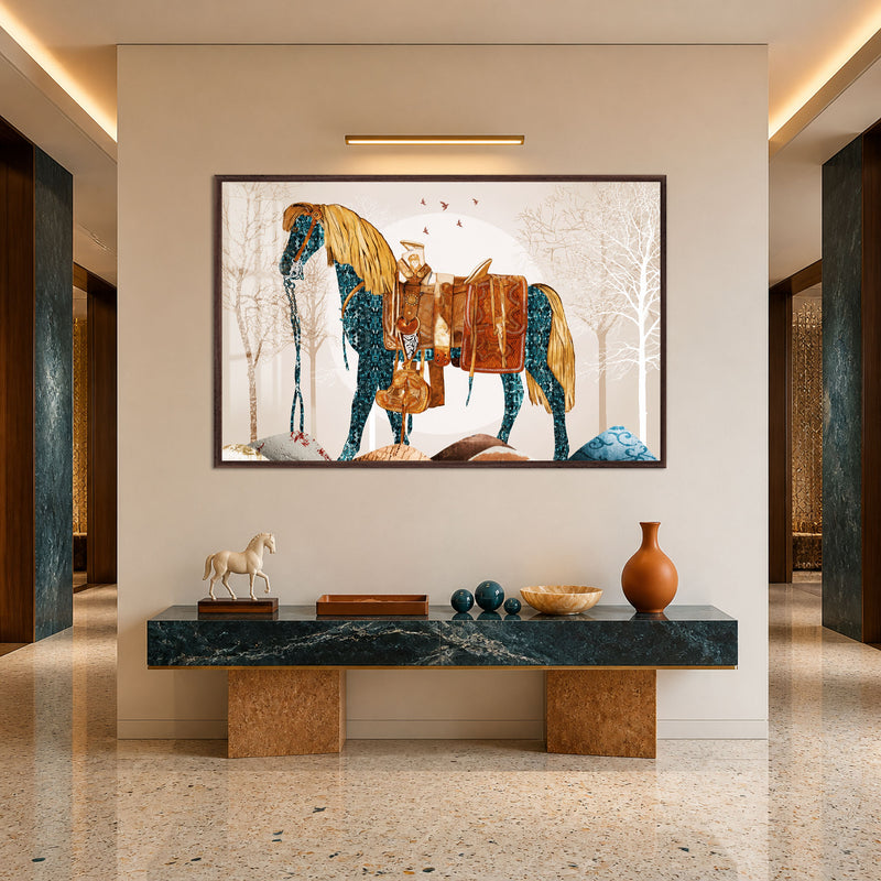 Collage Horse in Harness with walnut frame