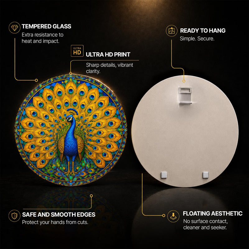 Golden Peacock Splendor — tempered glass, ultra HD print, ready to hang