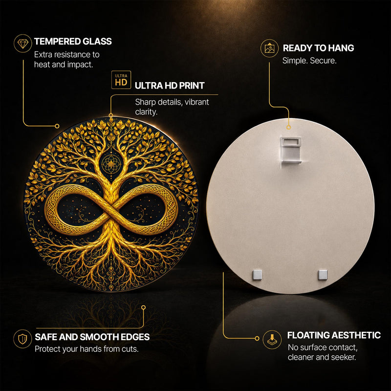 Eternal Golden Tree — tempered glass, ultra HD print, ready to hang