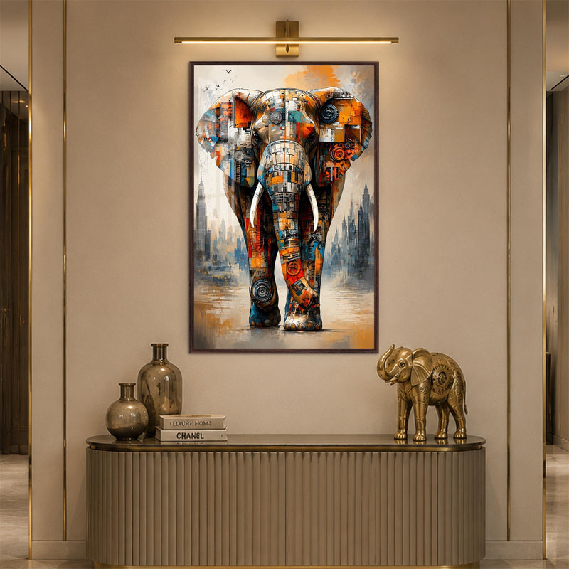 Mechanical City Elephant with walnut frame