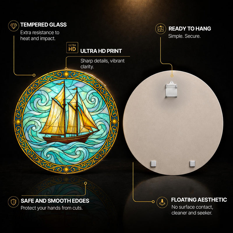 Golden Schooner On Emerald Waves — tempered glass, ultra HD print, ready to hang