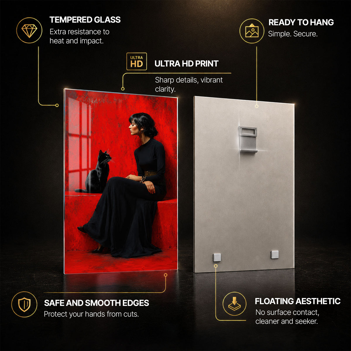 Lady And Black Cat — tempered glass, ultra HD print, ready to hang
