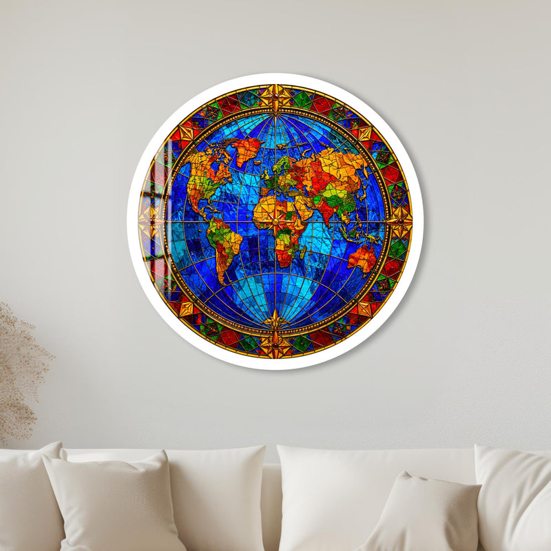 Stained Glass World Map with white frame