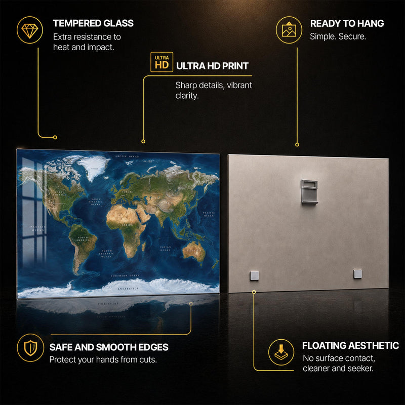 Satellite World Map — tempered glass, ultra HD print, ready to hang