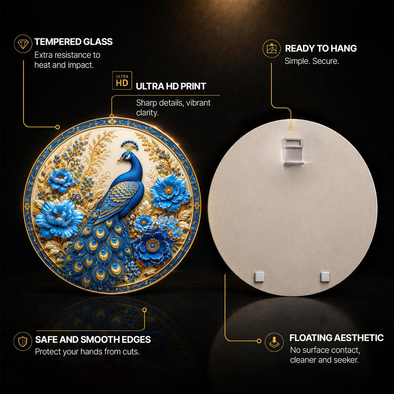 Regal Peacock Garden — tempered glass, ultra HD print, ready to hang