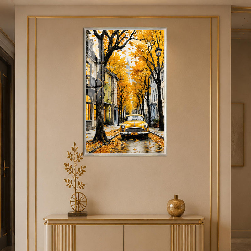 Yellow Car Autumn Street with silver frame