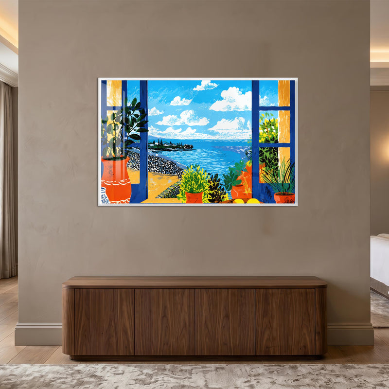 Mediterranean Window View with white frame