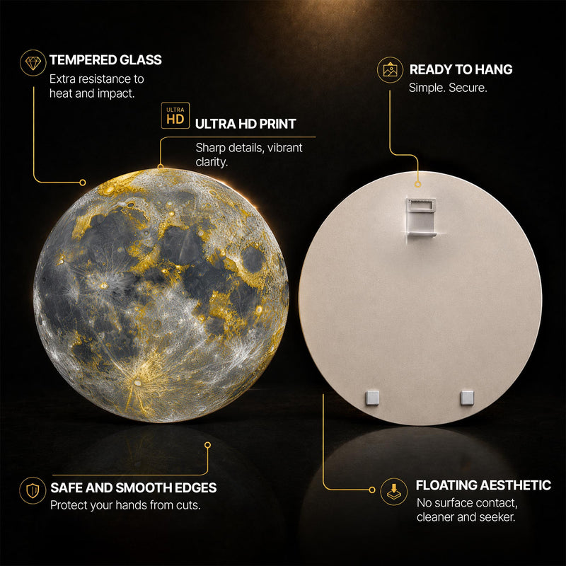 Gilded Lunar Surface — tempered glass, ultra HD print, ready to hang