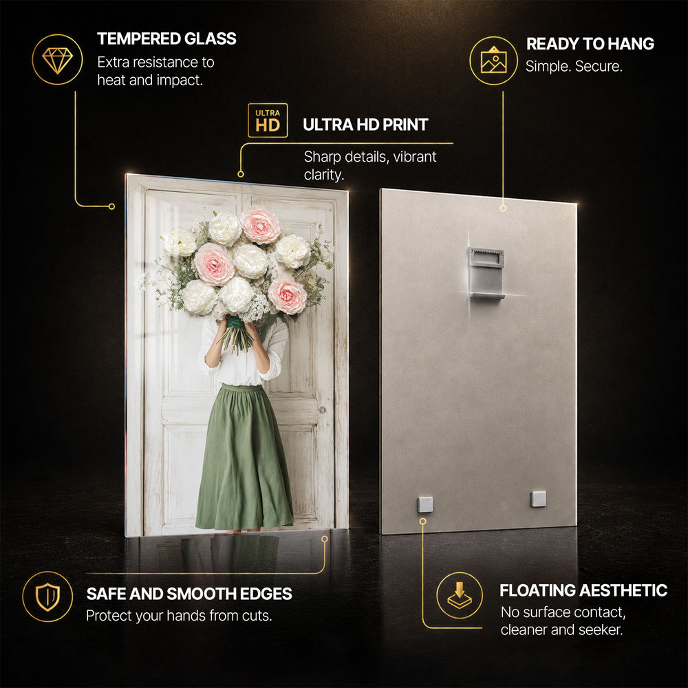 Hidden By Peonies — tempered glass, ultra HD print, ready to hang