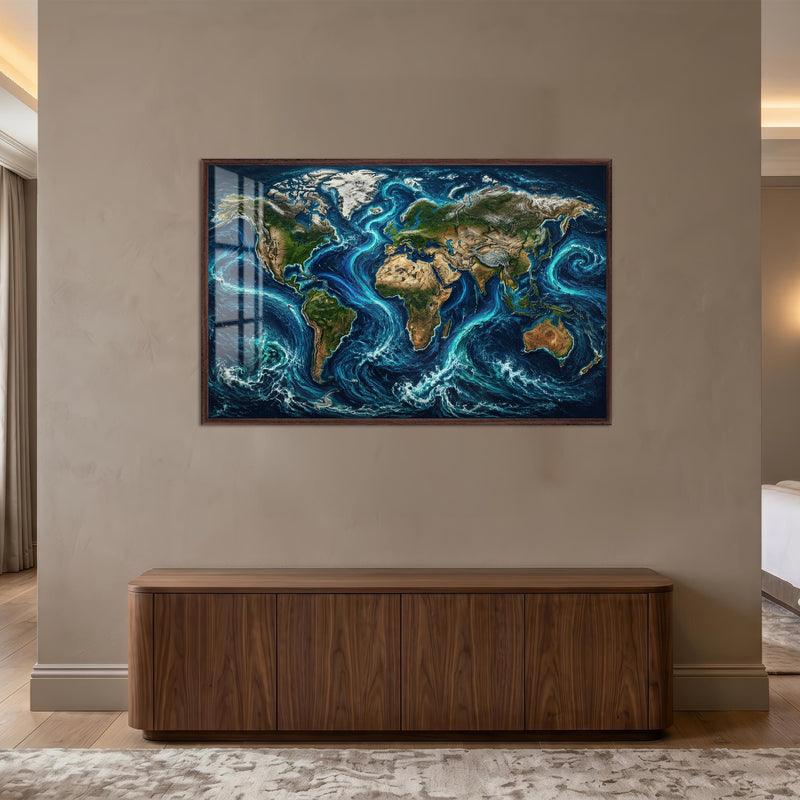 Ocean Currents World Map with walnut frame