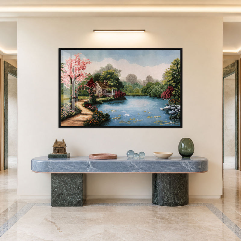 Lakeside Cottage in Bloom with black frame
