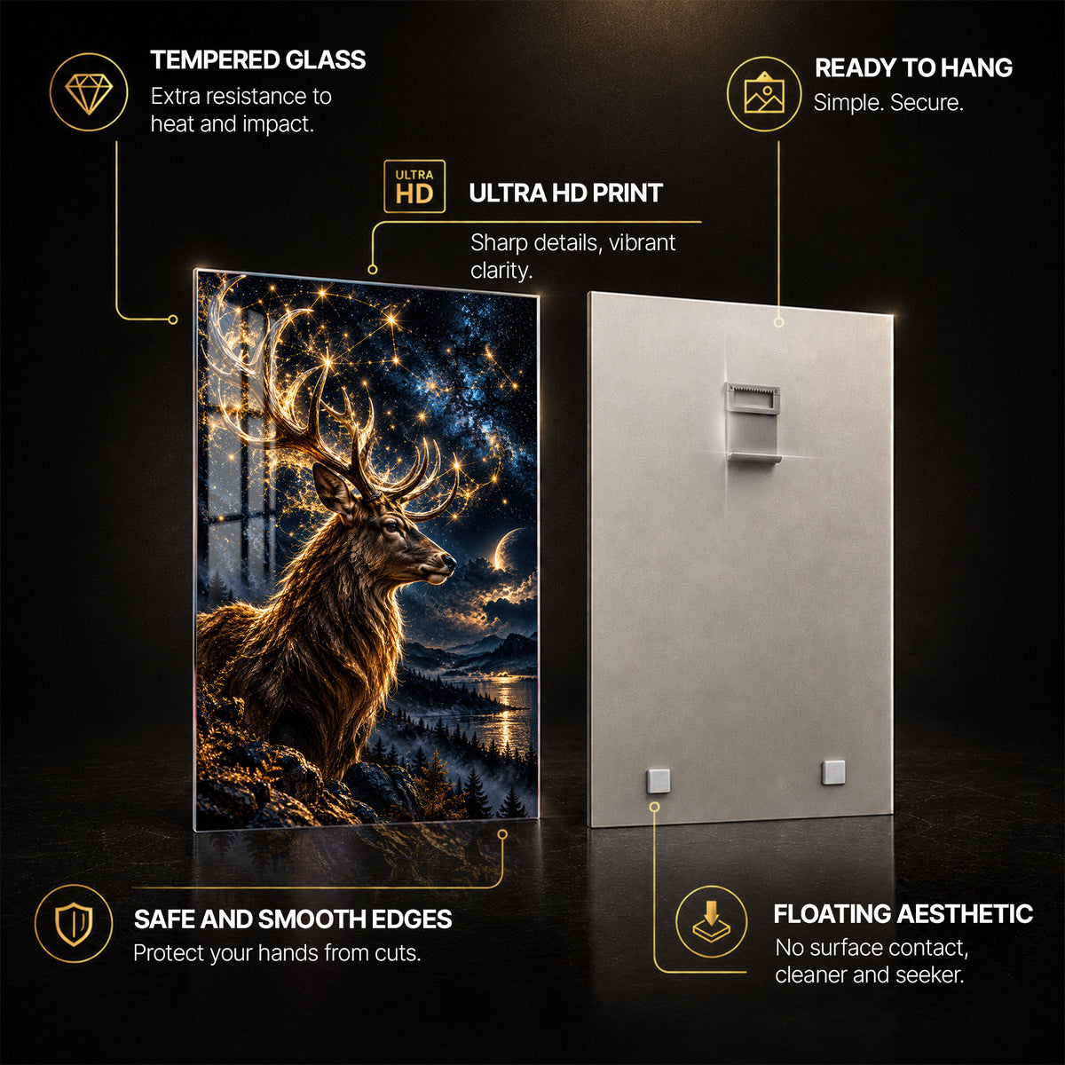 Moonlit Deer — tempered glass, ultra HD print, ready to hang