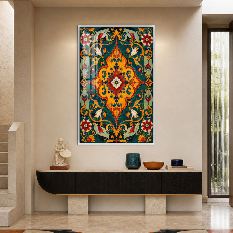 Artronauts Glass Print 12x18 cm | 4.7"x7.1" / White Emerald Floral Medallion Glass Wall Art