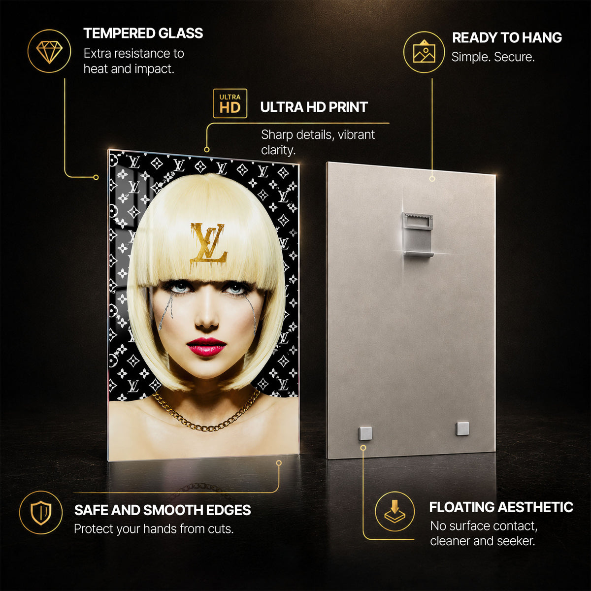 Golden Fashion Icon — tempered glass, ultra HD print, ready to hang