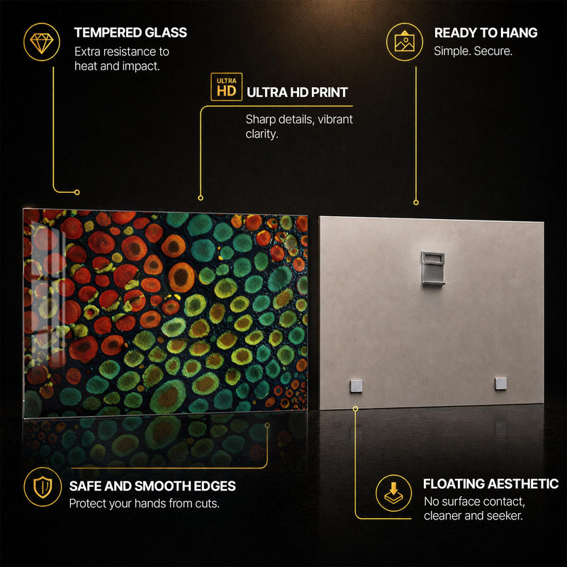 Chromatic Cellular Mosaic — tempered glass, ultra HD print, ready to hang