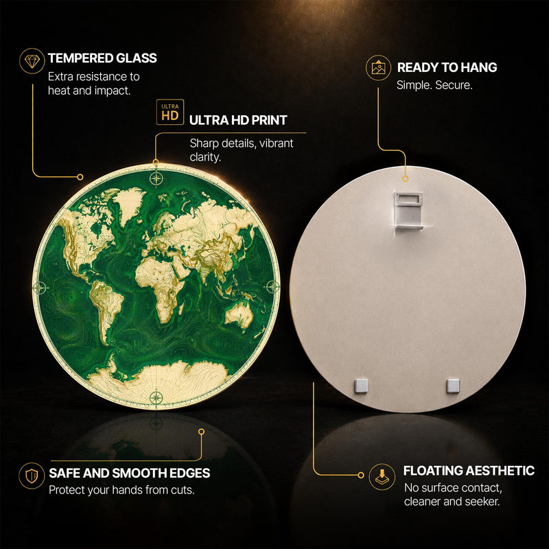 Emerald World Atlas — tempered glass, ultra HD print, ready to hang