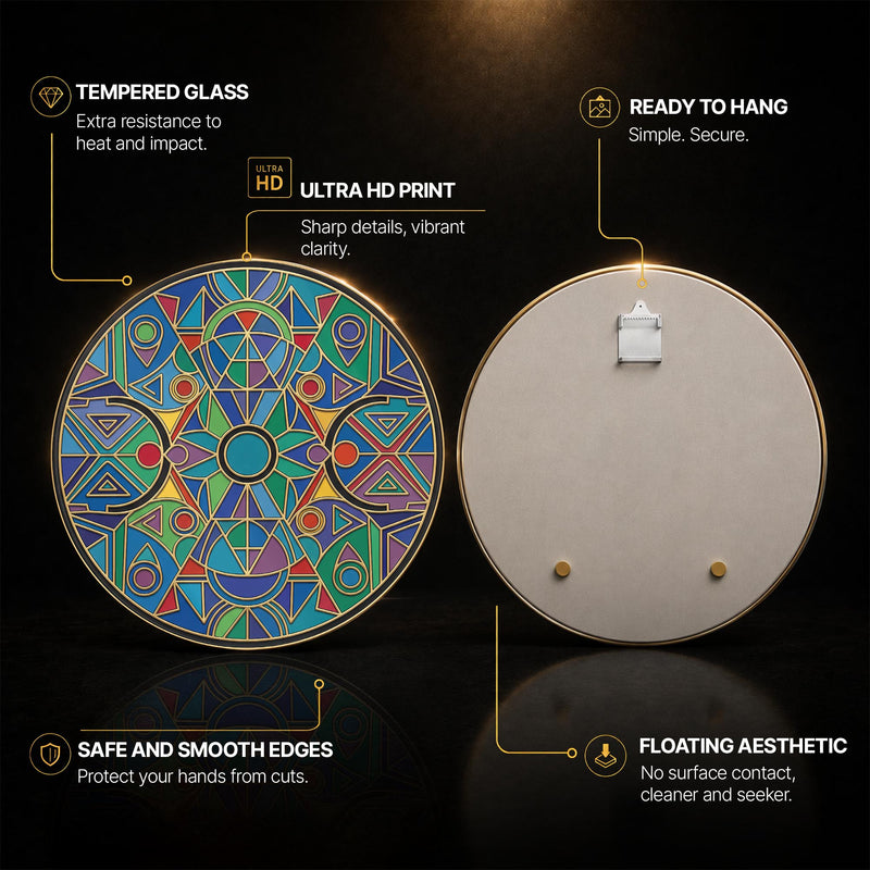 Enamel Geometric Kaleidoscope — tempered glass, ultra HD print, ready to hang