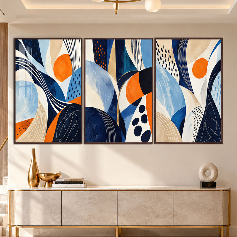 Blue Orange Abstract with walnut frame