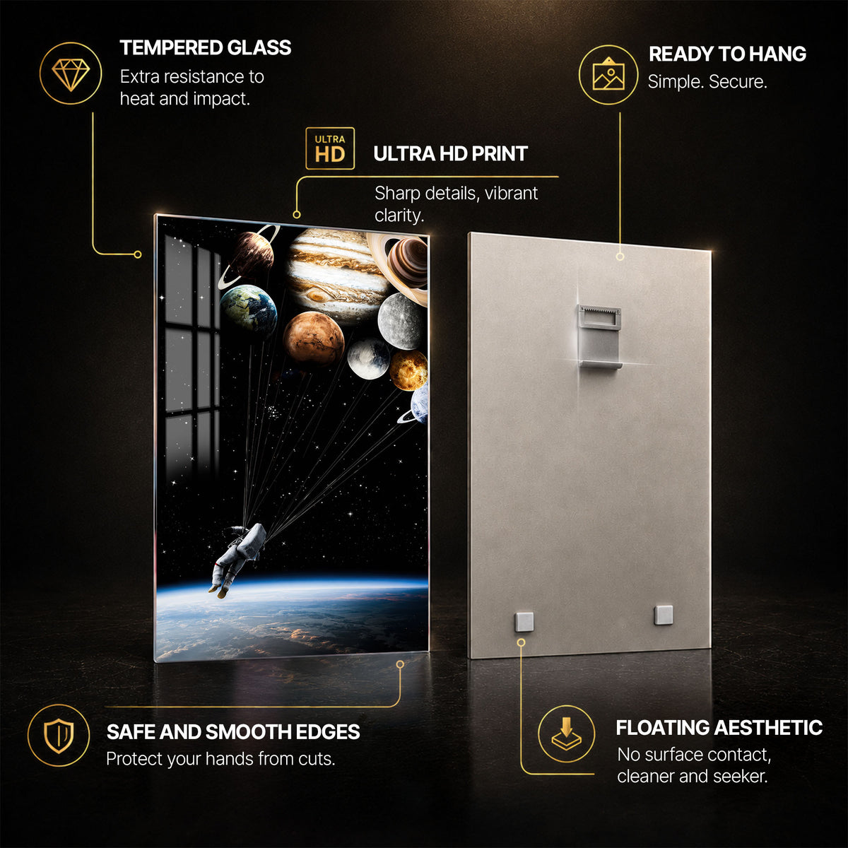 Planetary Flight — tempered glass, ultra HD print, ready to hang