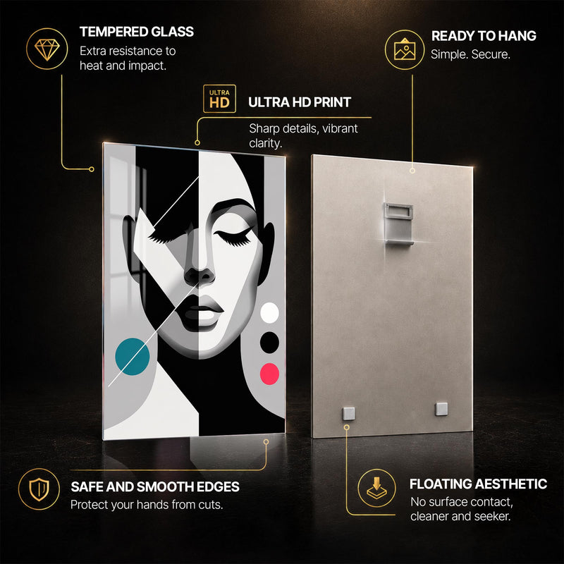 Monochrome Geometric Muse — tempered glass, ultra HD print, ready to hang