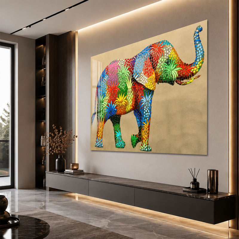 Artronauts Glass Print Floral Mosaic Elephant Glass Wall Art