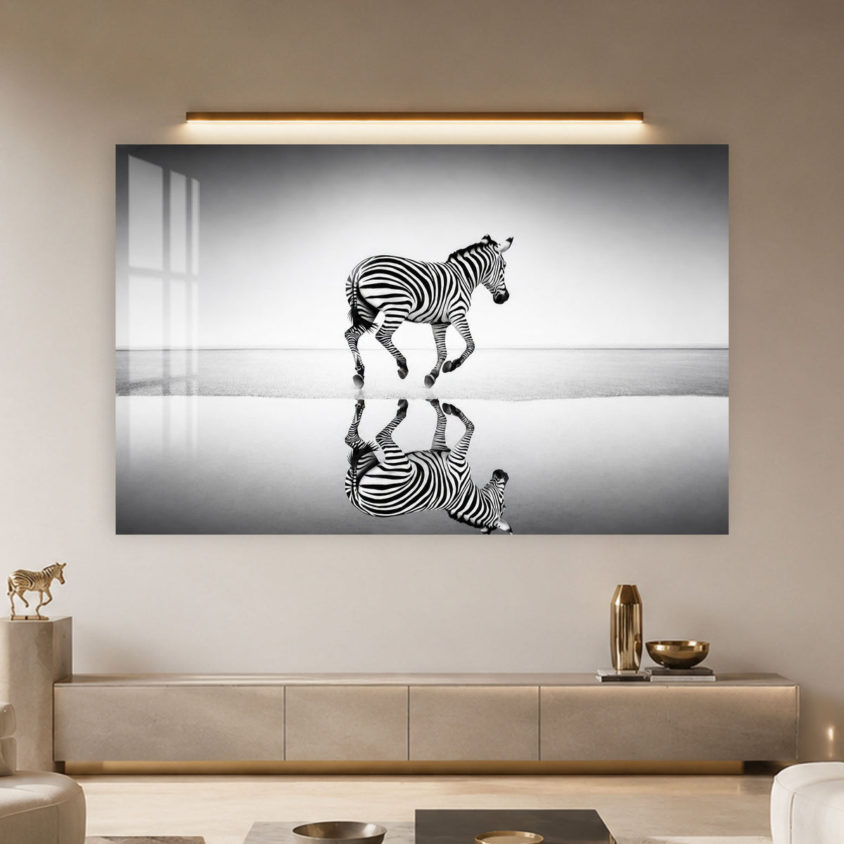 Reflecting Running Zebra in a modern room