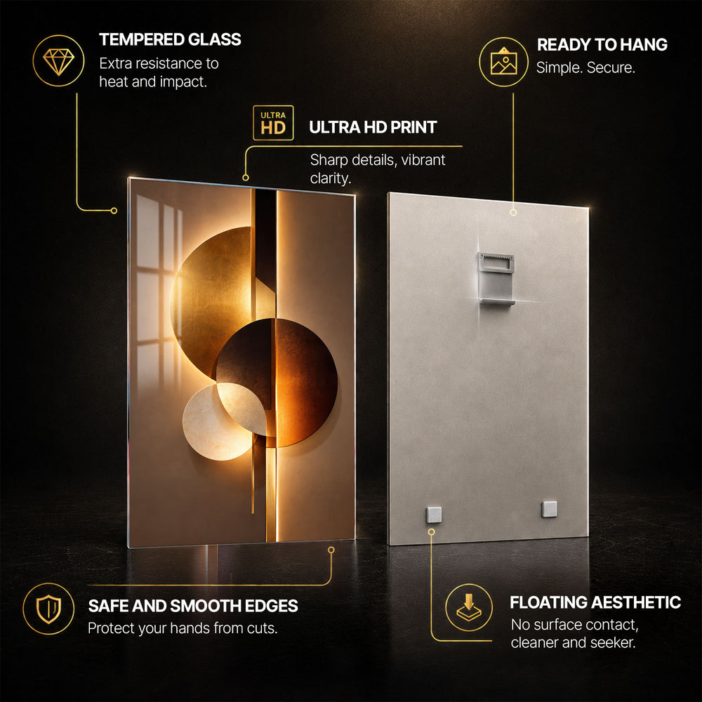 Golden Abstract Harmony — tempered glass, ultra HD print, ready to hang