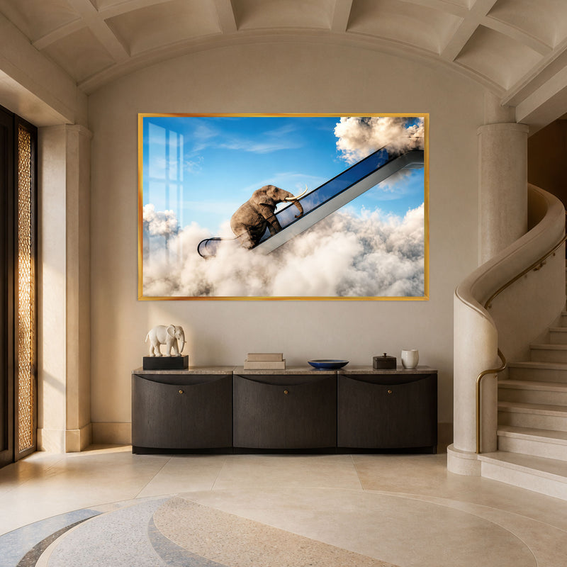 Artronauts Glass Print 18x12 cm | 7.1"x4.7" / Gold Elephant Sky Escalator Glass Wall Art