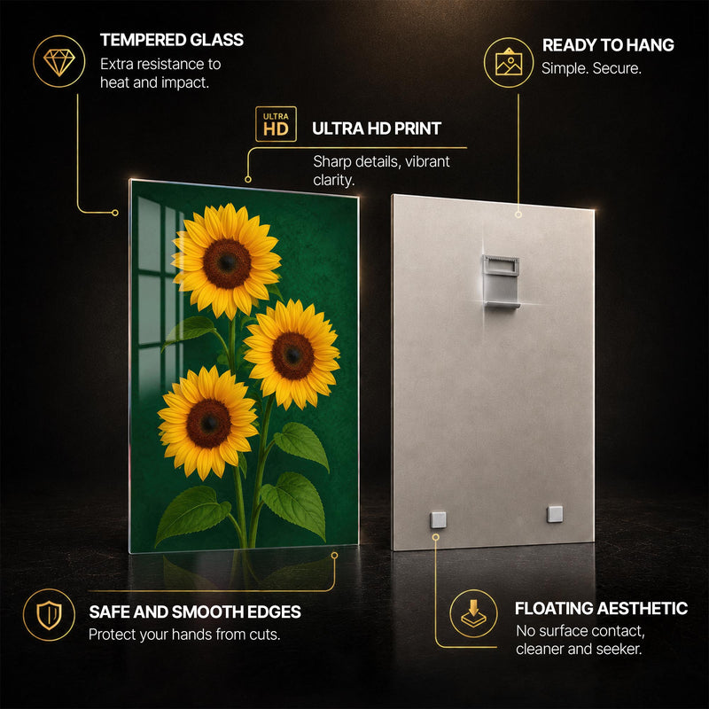 Golden Sunflower Trio — tempered glass, ultra HD print, ready to hang