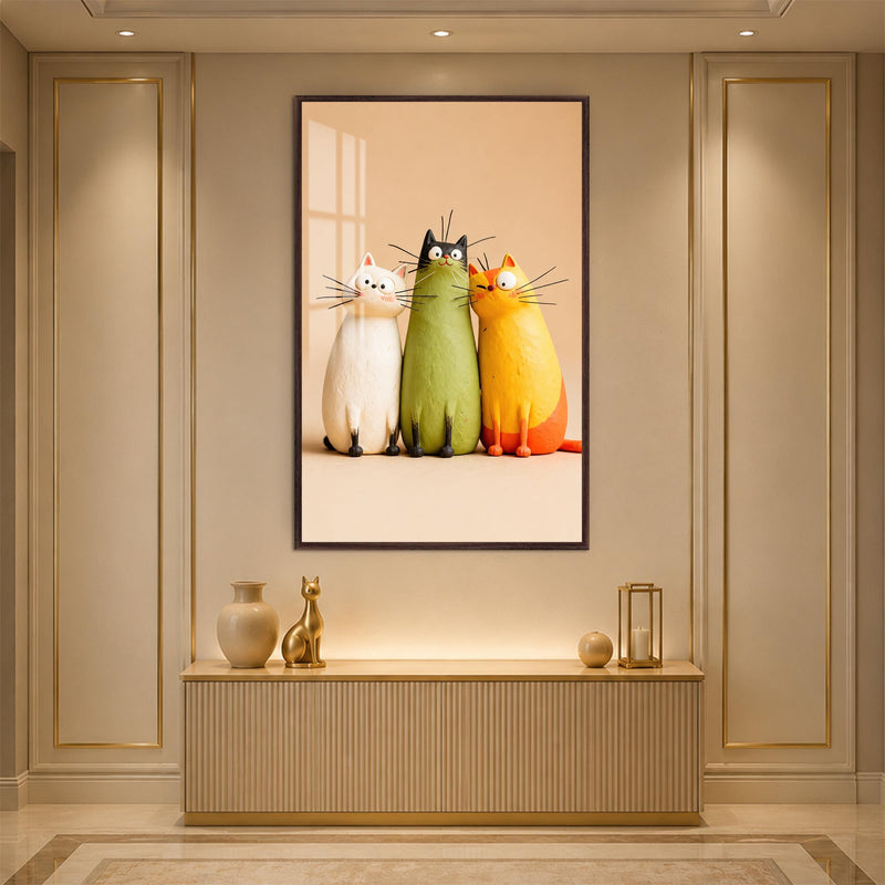 Three Curious Cats with walnut frame