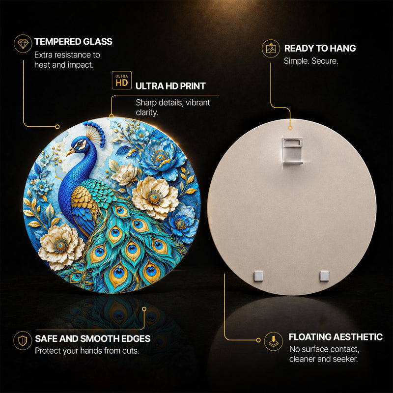 Regal Peacock Garden — tempered glass, ultra HD print, ready to hang