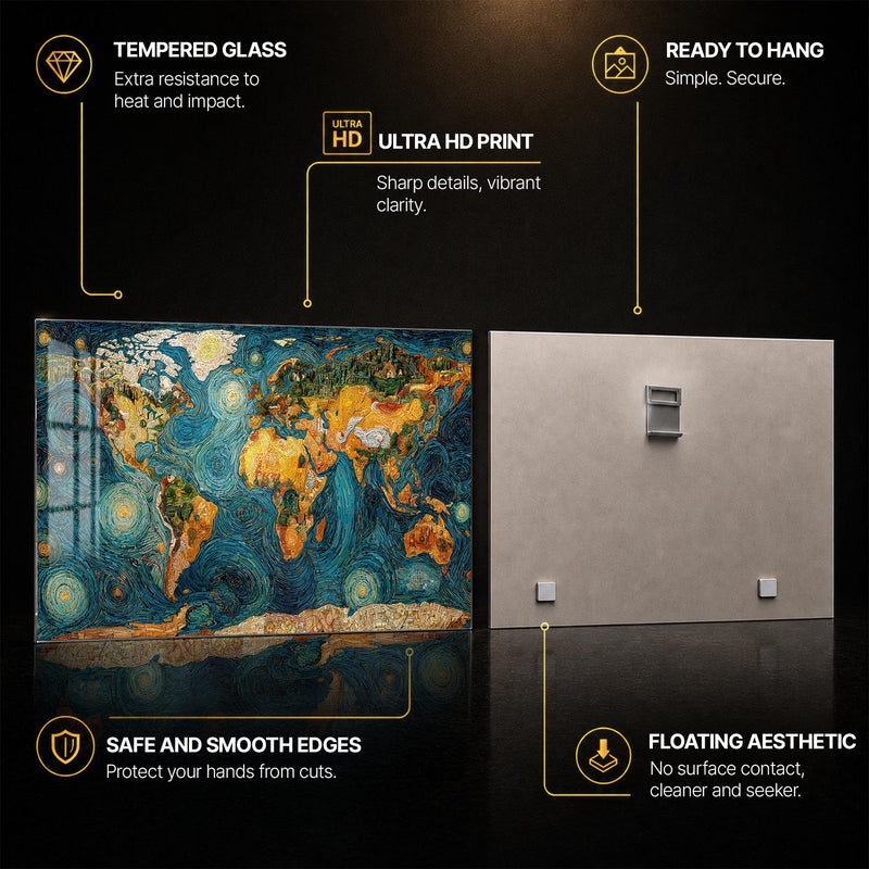 Starry World Map — tempered glass, ultra HD print, ready to hang