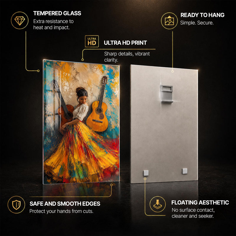 Flamenco Guitar Reverie — tempered glass, ultra HD print, ready to hang