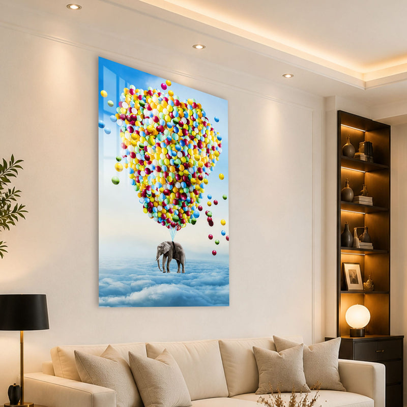 Artronauts Glass Print Elephant Balloon Adventure Glass Wall Art