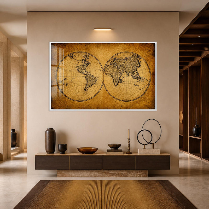 Artronauts Glass Print 18x12 cm | 7.1"x4.7" / White Antique World Map Glass Wall Art