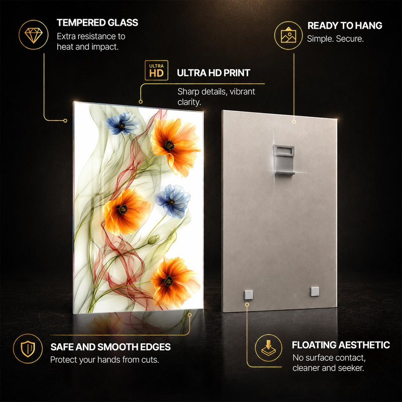 Ethereal Poppy Dance — tempered glass, ultra HD print, ready to hang