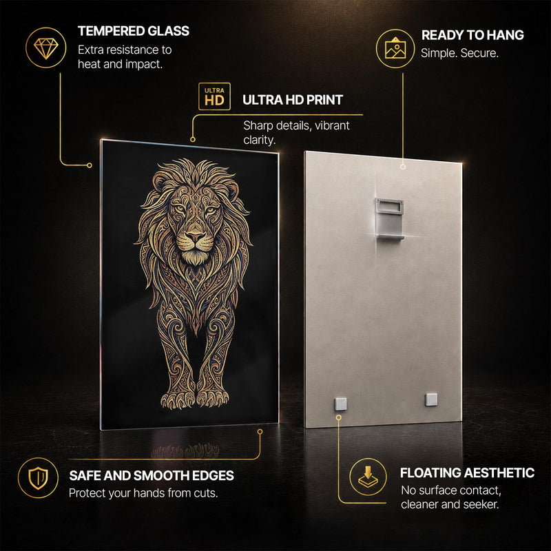 Ornate Golden Lion — tempered glass, ultra HD print, ready to hang