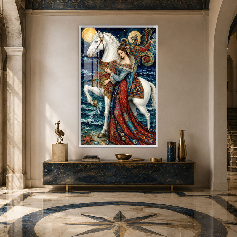 Artronauts Glass Print 12x18 cm | 4.7"x7.1" / White Moonlit Dragon Rider Glass Wall Art