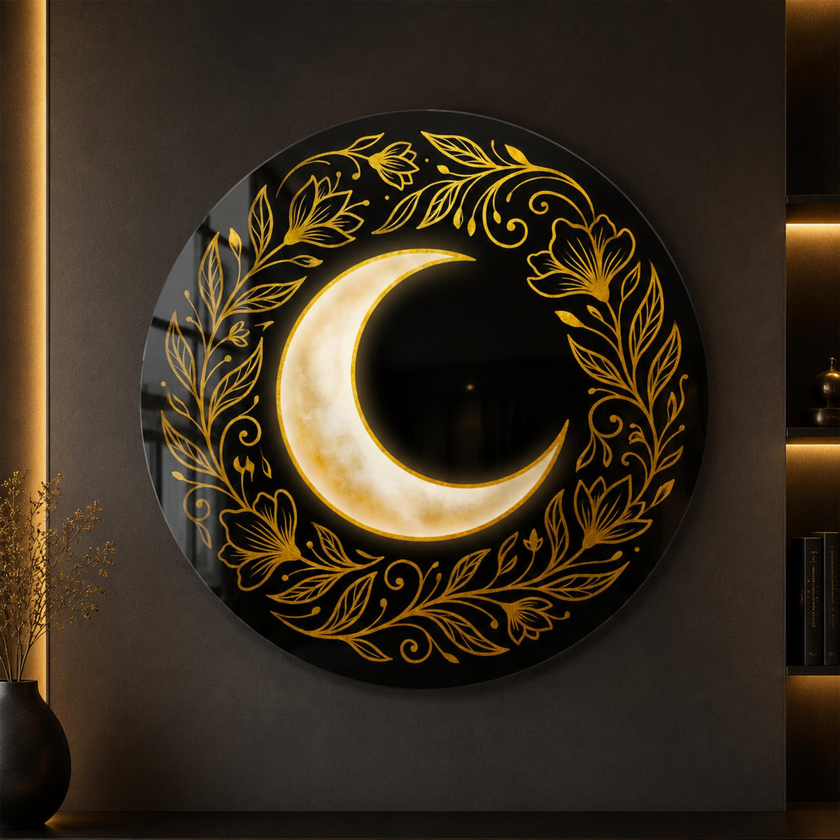 Golden Crescent Bloom — tempered glass, ultra HD print, ready to hang