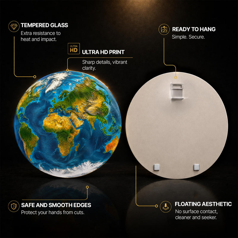 Vivid Earth Globe — tempered glass, ultra HD print, ready to hang