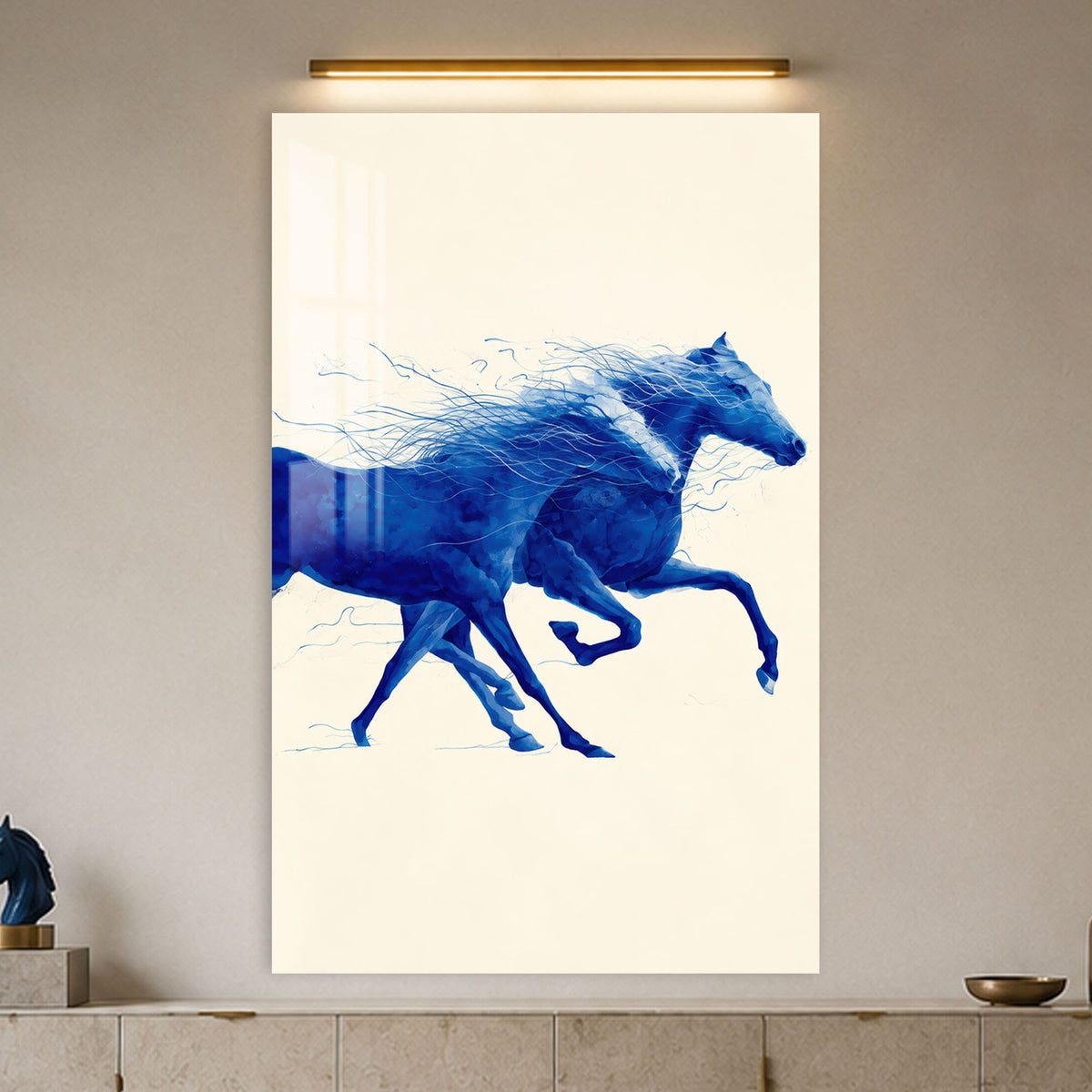Blue Horses in Motion in a modern room