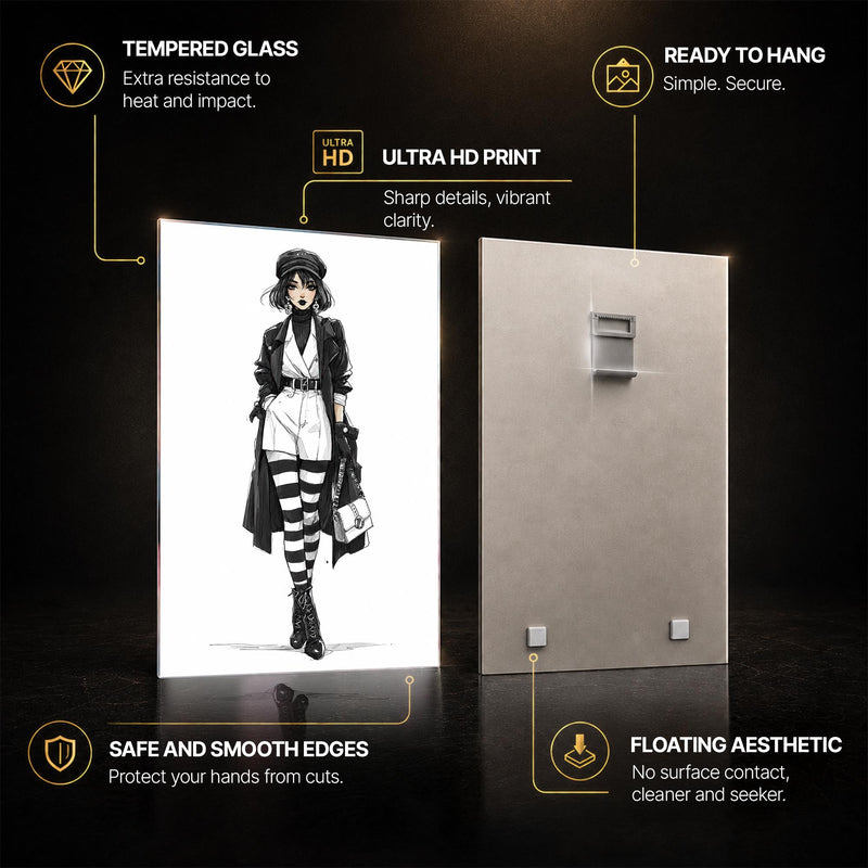 Monochrome Street Muse — tempered glass, ultra HD print, ready to hang