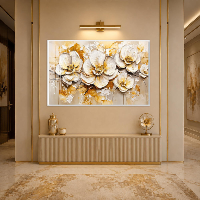 Artronauts Glass Print 18x12 cm | 7.1"x4.7" / White Golden Bloom Textures Glass Wall Art