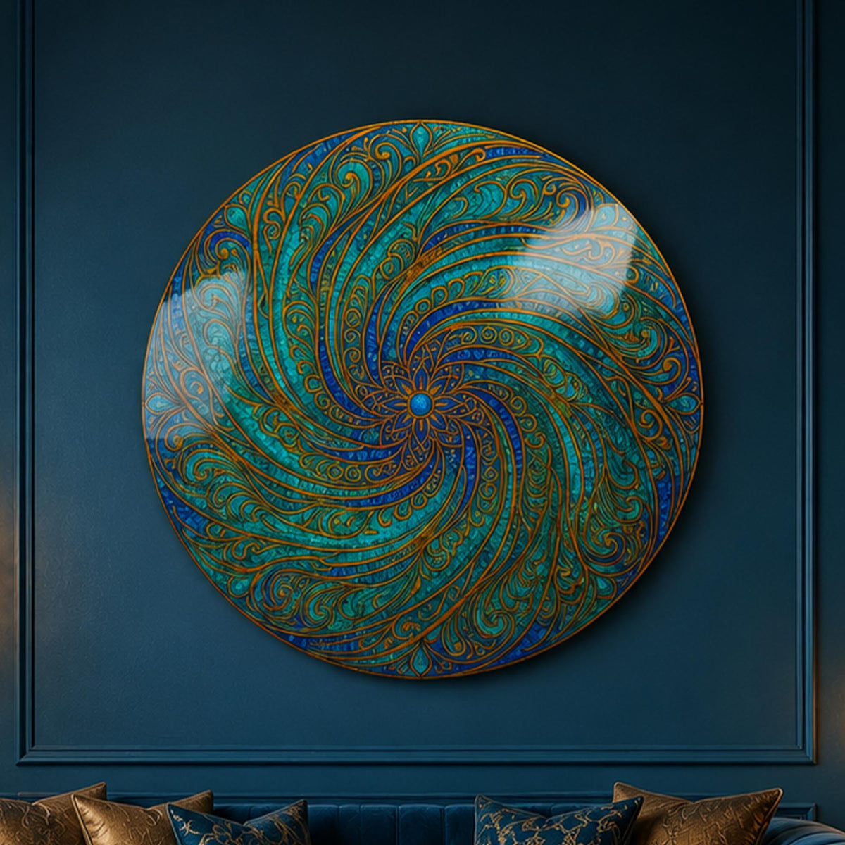 Turquoise Paisley Spiral — tempered glass, ultra HD print, ready to hang