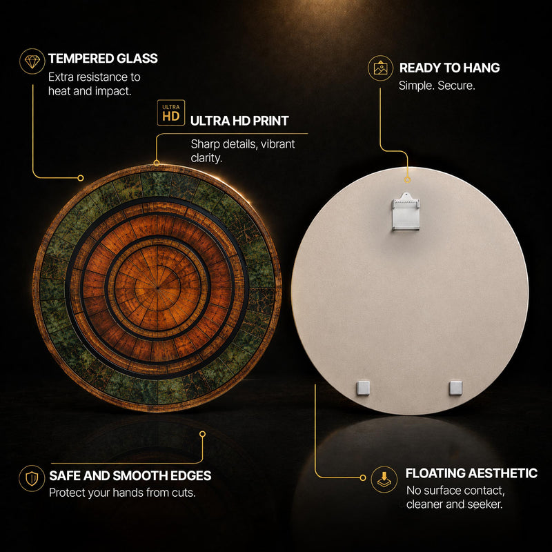 Emerald Timber Rings — tempered glass, ultra HD print, ready to hang